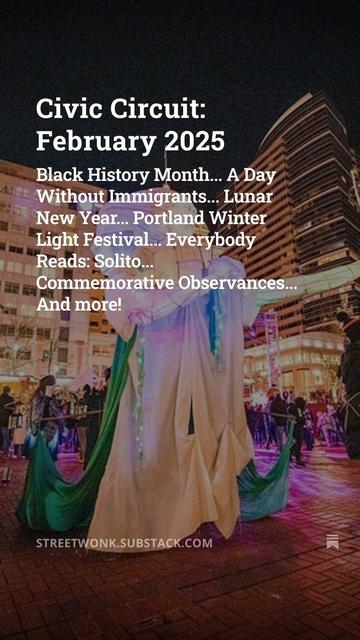 An illuminated, larger-than-life puppet of Portlandia, the city's symbolic figure, stands in a bustling Pioneer Courthouse Square at night during the Portland Winter Light Festival. The figure, draped in flowing white and green fabric, extends an arm while holding a trident, glowing with soft multicolored lights. The urban backdrop features high-rise buildings, twinkling trees wrapped in string lights, and a crowd of festival-goers admiring the installations and performances. Smaller glowing tree puppets and people carrying lighted props add to the vibrant, festive atmosphere.
