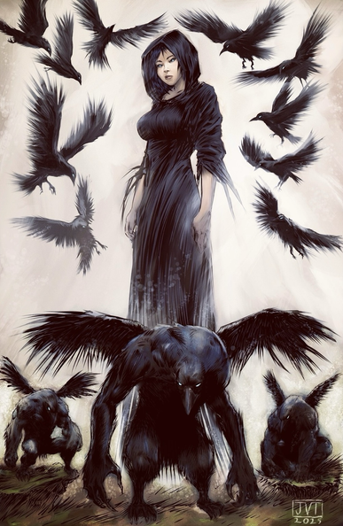 Yéléna Ravencrow, sorcière mathématicienne et architecte. Elle est entourée de corbeaux et de trois Gorbeaux à ses pieds (Gorbeaux est une contraction de gorille et corbeaux, car ces créatures bien qu’elle soient des corvidés (d’anciens hommes malfaisants transformés en corbeaux esclaves) ont un corps qui évoque celui des gorilles.