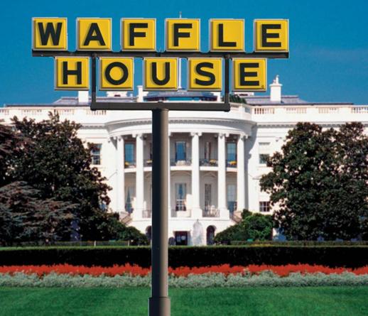 Picture of the White House with a classic yellow and black "Waffle House" restaurant sign out front. 