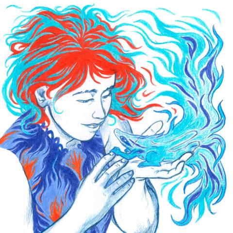 Cette illustration aux crayons de couleur représente une femme aux cheveux rouges et bleus, dont les mèches se prolonger en volutes fluides. Elle observe avec attention une petite créature reptilienne fantomatique logé dans sa main gauche. Son corps translucide, composé des mêmes teintes que les cheveux de la femme, se fond avec les formes ondulantes qui l’entourent. Le regard de la femm est posé sur l’animal. Les motifs de son haut sans manche rappellent les couleurs et mouvements présents dans l’image. Le tout est dans une teinte bleuté, à part les cheveux rouges de la femme.