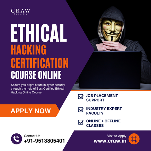 Ethical Hacking Certification Course Online ad with a masked hacker on a laptop, offering job placement, expert faculty, and online + offline classes.