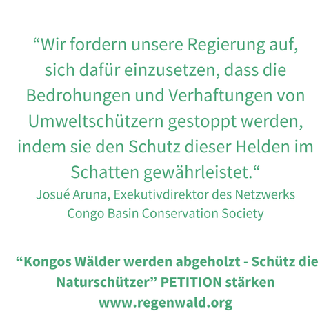 “Wir fordern unsere Regierung auf,
sich dafür einzusetzen, dass die
Bedrohungen und Verhaftungen von
Umweltschützern gestoppt werden,
indem sie den Schutz dieser Helden im
Schatten gewährleistet.”

Josué Aruna, Exekutivdirektor des Netzwerks
Congo Basin Conservation Society
“Kongos Wälder werden abgeholzt - Schützt die
Naturschützer” PETITION stärken
www.regenwald.org

