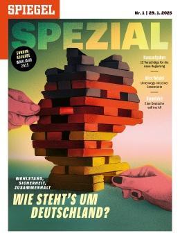 cover of the special issue of der Spiegel (2025 no. 5a), showing a tower of jenga blocks shaped to resemble the contours of a map of Germany, and coloured in the black/red/gold scheme of the German flag.  A hand coming from the left tries to pull out  a block in the upper third. Another hand from the right intervenes near the bottom of the tower. 