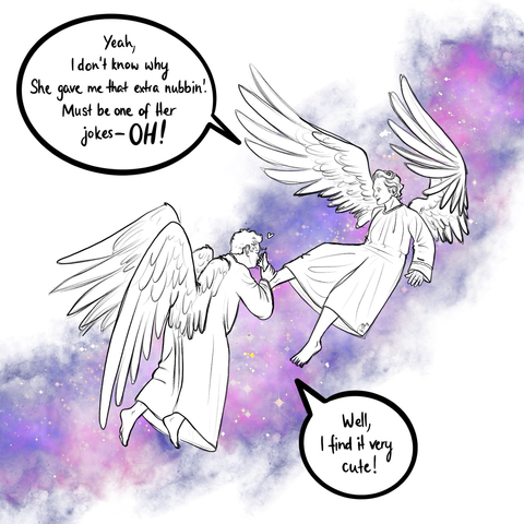 Digital drawing of Angel Crowley and Angel Aziraphale as seen in the beginning of Good Omens S2. Crowley shows Aziraphale his right foot that has six toes and says “Yeah, I don’t know why she gave me an extra nubbin’. Must be one of her jokes—OH!” Aziraphale cradles and kisses the sixth toe and say “Well, I find it very cute!” 