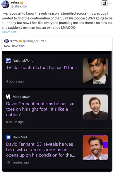 Screenshot of a post on X by rehza_rice, showing a screenshot with various news about David Tennant revealing he has a sixth toe on his right foot. 