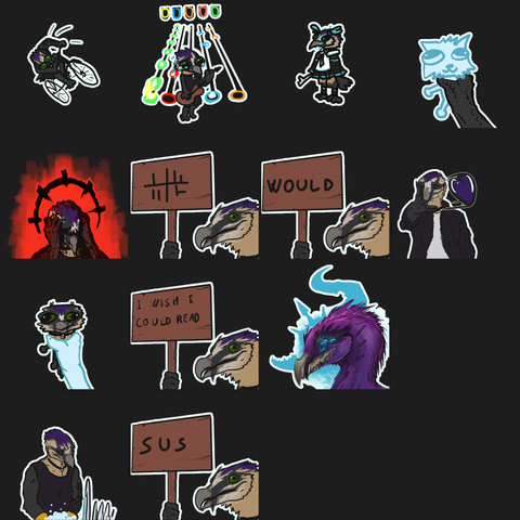 collage of several different stickers featuring an anthropomorphic bearded vulture in different funny situations, including as hatsune miku, falling from a bike, trying to(anxiously) play a guitar rythm game, getting stressed in a darkest dungeon(game) style, a magic/demonic version of themselves in the style of warhammer's tzeentch god, holding a sign with several different versions,cleaning the dishes, and grabbing someone and getting held by the neck(like the "holding a fat rat meme") 