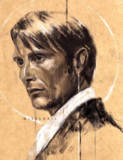 Digital portrait of Mads Mikkelsen as Hannibal Lecter. Only he head and part of the shoulder are visible. The portrait is rendered in rough strokes on a textured paper, in black and white. Hannibal is looking at something we can't see, and his head is a three quarter view. A white halo surrounds his head.
