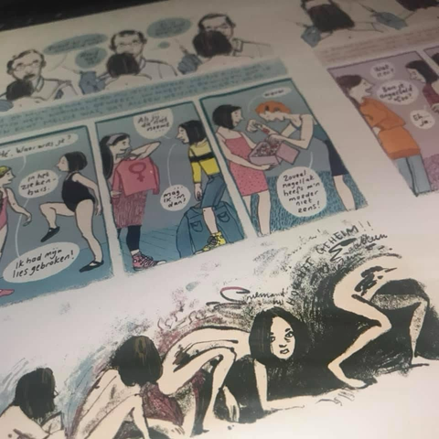 A photo of a part of a graphic narrative page. Just an impression. There is a sequence visible of a girl growing up and a girl-monster lurking in the dark. Cheerful pink and blue set against dark and depressing colours.