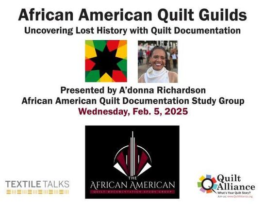 Promo slide for the event, text is in post, photos of a Black woman, smiling (Richardson?); a star block with central black star and red, green, yellow rays; and the logo for the African American Quilt Documentation Study Group, stylized needles and cloth (maybe??) in white and deep red on black background