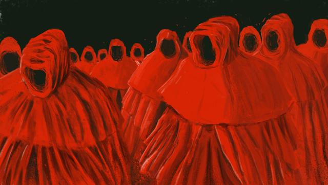 red cursed monks illustration for dnd curse of strahd campaign rpg
