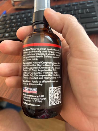 Back of evil bone water spray bottle showing ingredients and other information 