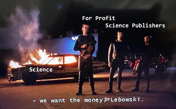 A photo still from the movie big lebowski were the Nihlists (we care about nothing) have burned the dudes car and then ask him for money. I changes it to reflect for profit publsihers burning donw science while asking scientists for money. 

