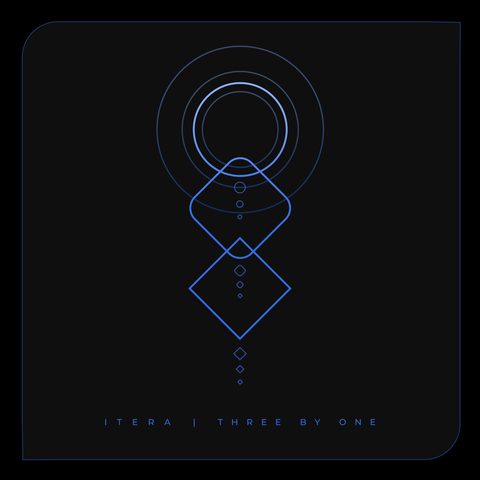 Album cover for Itera. Geometric pattern in blue on black background and title of album centered bottom