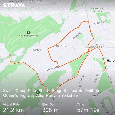 Strava map of Tour de Zwift ride Stage 5 Queen's Highway after party distance 21.2 km elevation gain 308 m time 57m19s