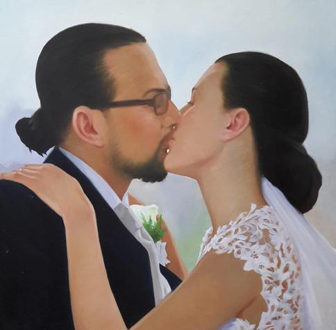 a painting, it is a young man with glasses and his long hair tied back, kissing his bride, she is wearing a white dress , a white background , her hands on his shoulders