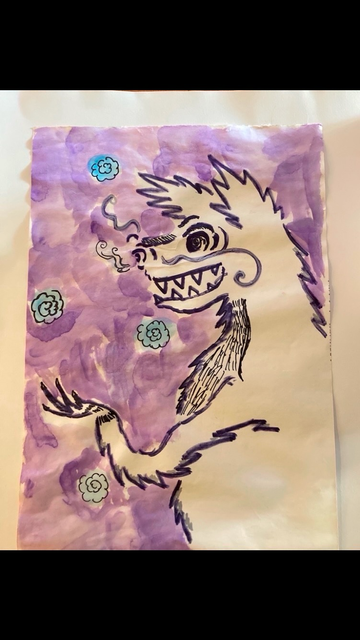 Image ID: watercolor painting of a silly purple dragon, grinning, with light purple background and light colored clouds