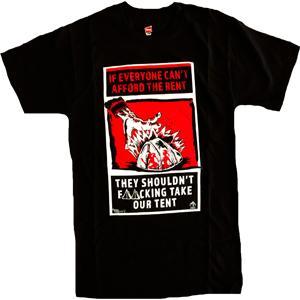Text:
If everyone can’t afford the rent
They shouldn’t fucking take our tent.

Image black, red and white lettering and illustration of a hand repelled by a tent with people in side.