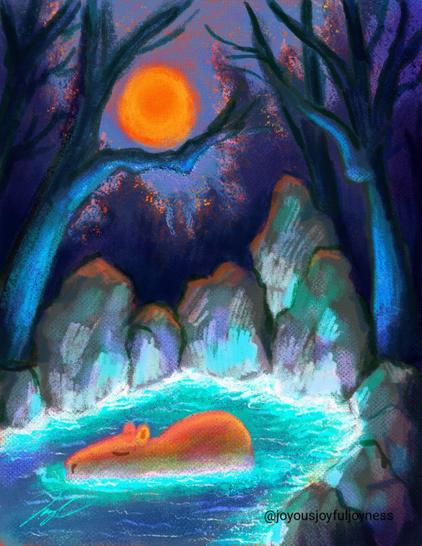 Painting of a capybara sleeping in bioluminescent water surrounded by rocks and trees. An orange setting sun is above. The artist's signature and watermark @joyousjoyfuljoyness are at the bottom right.