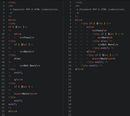 Screenshot of a comparison between two PHP code formatting styles. The first shows HTML tags indented as they would be without any PHP. The PHP open and close tags are on their own line, and the PHP code follows it's own internal indentation logic unaffected by HTML nesting level.

The second example shows "standard" indentation where both HTML and PHP affect each others' indentation level.