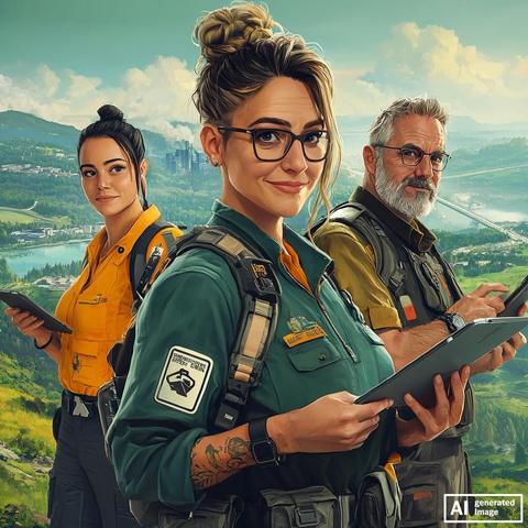 Two friendly women and one man in fictional work attire holding mobile devices in front of a green landscape. 
