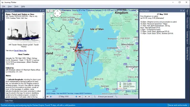 Journey Plotter showing the 1918 journey of HM Trawler Persian Empire, noon positions only.