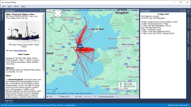 Journey Plotter showing the 1918 journey of HM Trawler Persian Empire, with many additional positions, calculated from bearings in the logs.