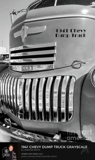 A black and white vertical close up of the front of a 1941 Chevy Dump Truck COE with chrome grills. This version include text description.
https://5-jennifer-white.pixels.com/featured/1941-chevy-dump-truck-grayscale-text-jennifer-white.html
#buyintoart #trucks #vintage #classictrucks #oldtrucks 