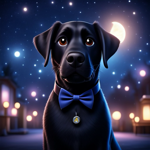 Black lab wearing a blue bow tie and set against a starry night. 
