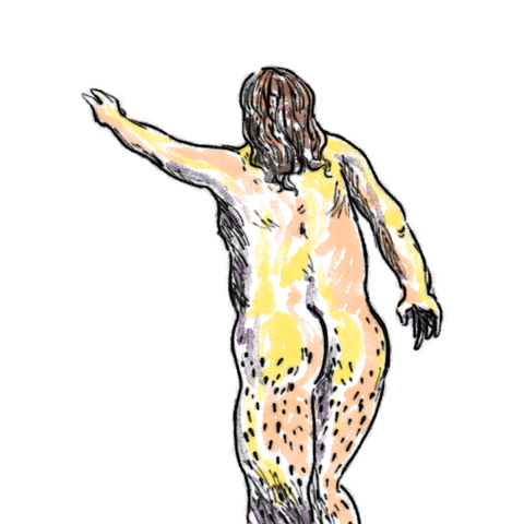 dibujo de hombre grueso de espaldas estirando la mano izquierda hacia delante