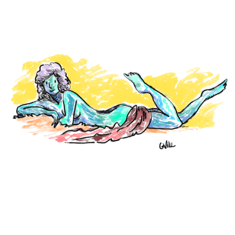 Dibujo de mujer tumbada desnuda tapada con un manto rojo. 