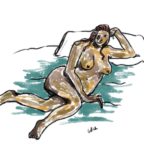 dibujo de mujer tumbada en una cama desnuda