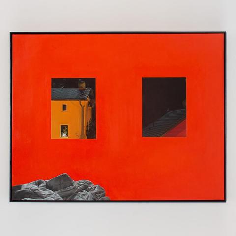 Bright orange sparse canvas with two dark windows into the night showing houses on the other side of the street in the moonlight. Grey duvet at the bottom left corner.