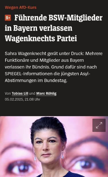Screenshot:
Wegen AfD-Kurs

Führende BSW-Mitglieder in Bayern verlassen Wagenknechts Partei

Sahra Wagenknecht gerät unter Druck: Mehrere Funktionäre und Mitglieder aus Bayern verlassen ihr Bündnis. Grund dafür sind nach SPIEGEL-Informationen die jüngsten Asyl-Abstimmungen im Bundestag.