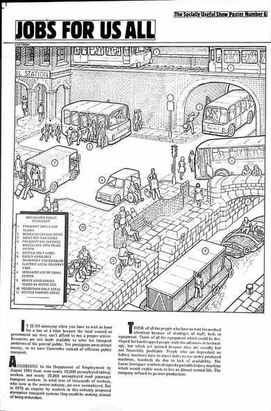 Text:
JOBS FOR US ALL 

The Socially Useful Show Poster Number 6 

INTEGRATED PUBLIC TRANSPORT

Image: Electric trains - buses - bicycles - wheelchairs - barges 