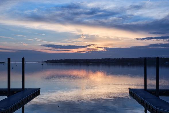 The boat launch in the marina at Great Kills Park. I'd just seen deer and been unprepared for them, but a sunset is a bit slower.
