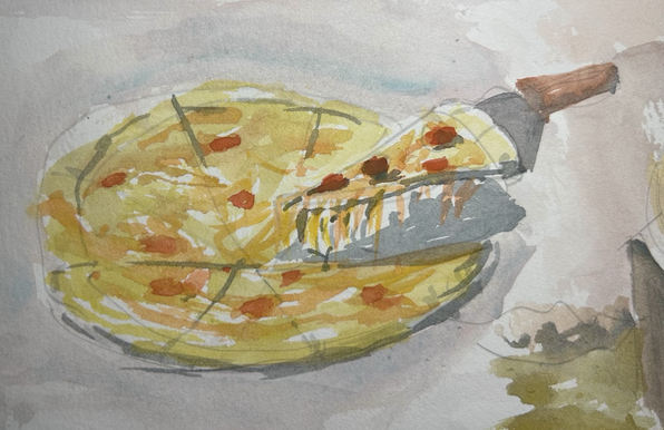 A Mini painting of a whole pizza with one piece being removed with a spatula. 