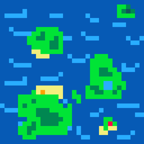 Static pixel art of a bird's eye view of islands in an ocean. Three large islands take up much of the map in a vague triangle shape. An orange dot, indicating the player, is on the north beach of the southwesternmost big island. There is a small island to the southeast of the map with a red dot, indicating the boss's lair.
