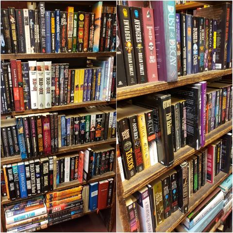 A composite of 2 photos of old wooden standalone retail bookshelves, filled to capacity. Within are Horror novels arranged alphabetically by author's last name.