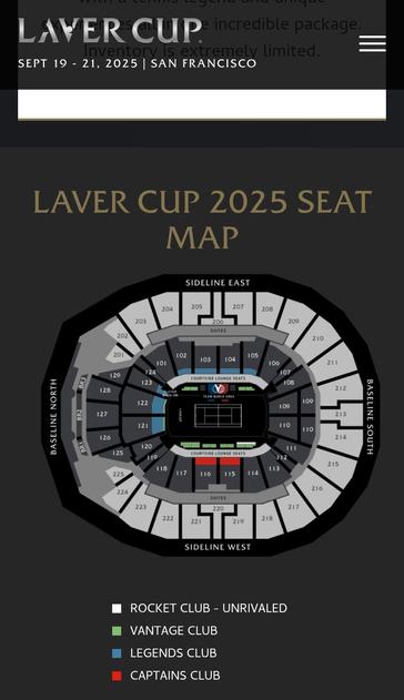 Laver Cup 2025 seat map of the Chase Center. 

The legend at bottom lists four entries with colors: 1) ROCKET CLUB - UNRIVALED (white); 2) VANTAGE CLUB (green); 3) LEGENDS CLUB (blue); and 4) CAPTAINS CLUB (red).

The Chase Center map shows these labels: Baseline North (at left); Baseline South (at right); Sideline East (at top); and Surround West (at bottom).

The seat colors on the map coordinate to the hospitality package names in the legend:

1) Rocket Club (Court-level): Front-row Sideline West

2) Vantage Club: (Court-level) - Sideline East rows A1–2, or West rows A1–3; and (Lower-level) - Front-row Baseline North

3) Legends Club (Lower-level): Baseline North and Sideline East

4) Captains Club (Lower-level): several rows dead-center in two sections of Sideline West 