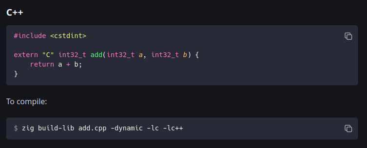 C++ code and compilation command as an example in Bun's FFI documentation.