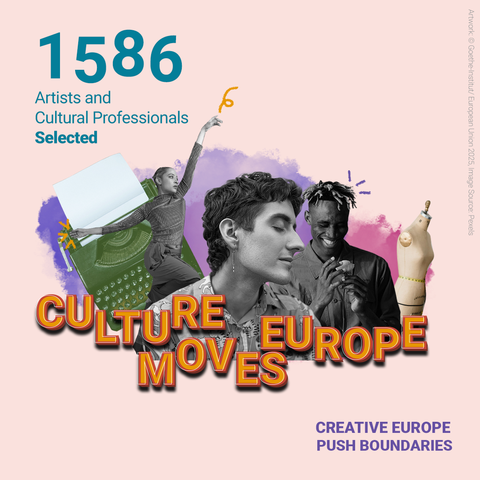 1586 Artists and Cultural Professional Selected written in green, Creative Europe logos and a Culture Moves Europe collage representing 3 black and brown persons celebrating and reflecting. Some artistic objects surround them giving an image of joy and creativity.