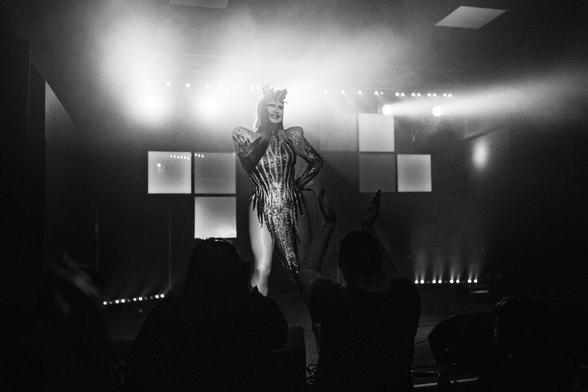 A performer in a shimmering costume strikes a pose on stage, surrounded by fog and dramatic lighting, while an audience watches enthusiastically from below.