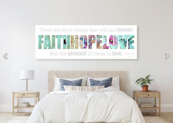 Colorful words Faith Hope and Love in a bedroom setting by artist and poet Sharon Cummings.  Haiku in post.