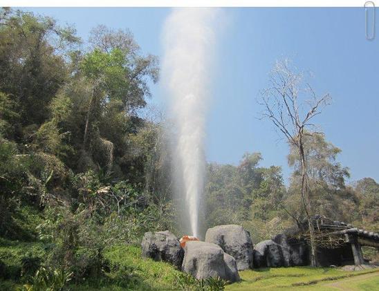 Le geyser se dresse vertical, jet vaporeux traçant un trait flou vers le ciel, comme éjecté d’une lance à eau, s’élargissant dans les hauteurs, mais, à vingt mètres, les bulles blanches retombent de leur poids. Pourtant la forme du cône gazeux redistribue les notions d’espace, apparition et volonté là où ne règnent que l’apesanteur et l’entropie, dans le vert lourd de la jungle où tout pèse et tombe, lianes, bois mort, et les gros blocs de pierre d’où s’élance le geyser blanc, en une geste de légende.