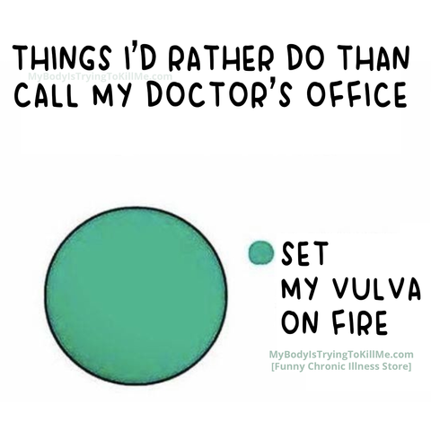 things i'd rather do than call my doctor's office

pie chart is all green

the legend is a green bar and it's labeled "set my vulva on fire"