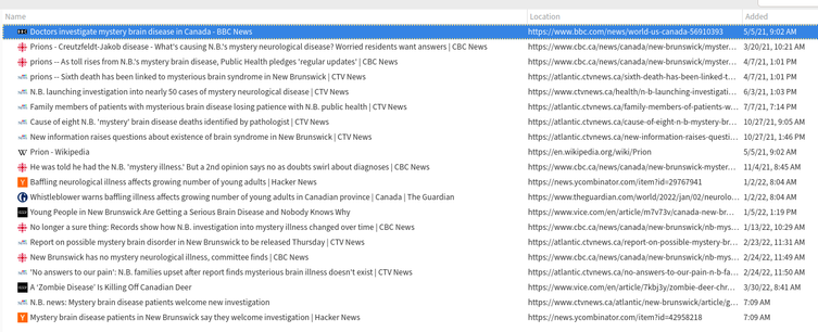 Mystery brain disease in New Brunswick, Canada
https://www.ctvnews.ca/atlantic/new-brunswick/article/good-first-step-nb-mystery-brain-disease-patients-welcome-new-investigation
https://news.ycombinator.com/item?id=42958218

Most likely prions/chronic wasting dis.
https://en.wikipedia.org/wiki/Chronic_wasting_disease
https://en.wikipedia.org/wiki/Prion

Nat. occurring in wildlife/incurable/fatal
Cattle "mutilations" (ufology) likely related: environ. surveillance (public health).
Conspiracist Bigelow had a gov't contract in this regard.

Given nature of disease/panic/economic consequences (e.g. cattle/beef) it appears gov. suppress this information.

#prions