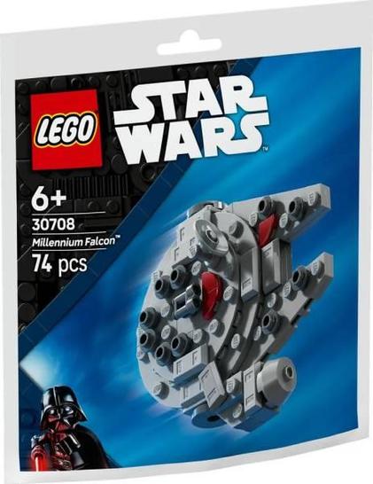 Photo du polybag. Le Faucon est plus ou mois au centre de l'image, allant de la gauche en bas vers le haut à droite. Il comporte des pièces gris foncé et rouge, en plus des pièces gris-clair.
Dans le coin inférieur gauche, il y a une figurine LEGO de Dark Vador tenant son sabre-laser rouge de la main droite.
Le logo de LEGO est dans le coin supérieur gauche.
En texte, nous avons : Star Wars
6+
30708
Millenium Falcon
74 pcs.