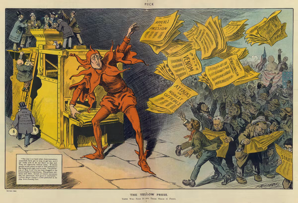 This is a political cartoon titled "The Yellow Press", published in Puck magazine. The illustration critiques sensationalist journalism, commonly referred to as "yellow journalism," which was known for exaggeration, misleading headlines, and stirring public emotions.  Description of the Image: The central figure is a jester, dressed in bright red, operating a massive printing press. The jester represents the sensationalist press, depicted as frivolous and irresponsible. The printing press is churning out stacks of yellow newspapers, which are flying into the air toward a large crowd. The newspapers contain inflammatory phrases like: "Appeals to Passion" "Venom" "Attacks on Honest Officials" "Distorted News" "Strife" "Sensationalism" The crowd eagerly grabs the newspapers, suggesting they are being influenced or manipulated by the sensationalist headlines. In the background, a group of well-dressed men appear to be fueling the press, symbolizing the financiers or editors who promote yellow journalism for profit. A man in a coat labeled "Men Who Buy Comic Supplements for News" is carrying money bags, suggesting that people are financially supporting misleading journalism. The Statue of Liberty, in the far-right background, appears shrouded in smoke or haze, possibly indicating that truth and integrity in journalism are being obscured.