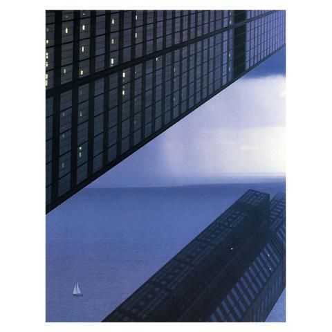 collage of a skyscraper hovering sideways over an ocean with rain showers on the horizon and a small sailboat in the front.