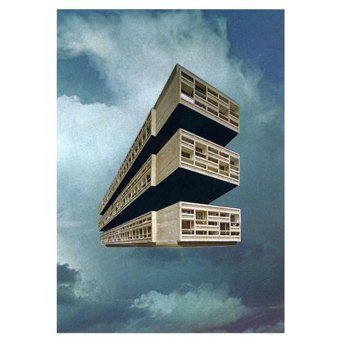 collage of a brutalist building split in three parts hovering above the clouds